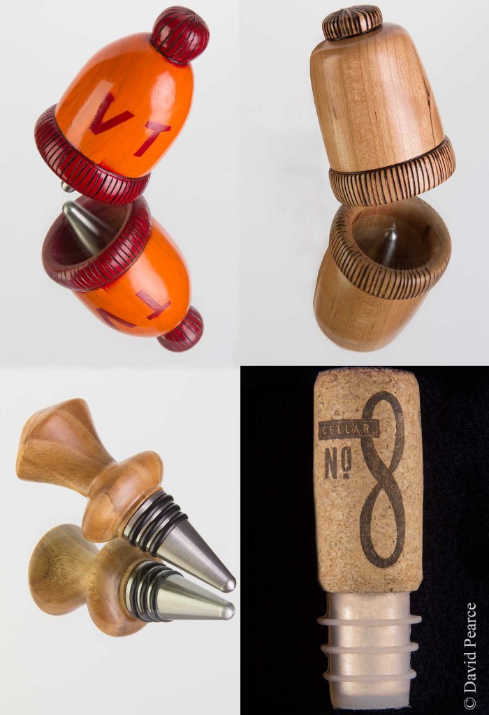Top row, hat style stopper, bottom row standard stopper with Chinese Chestnut top design, cork stopper top with silicone sealing stopper.